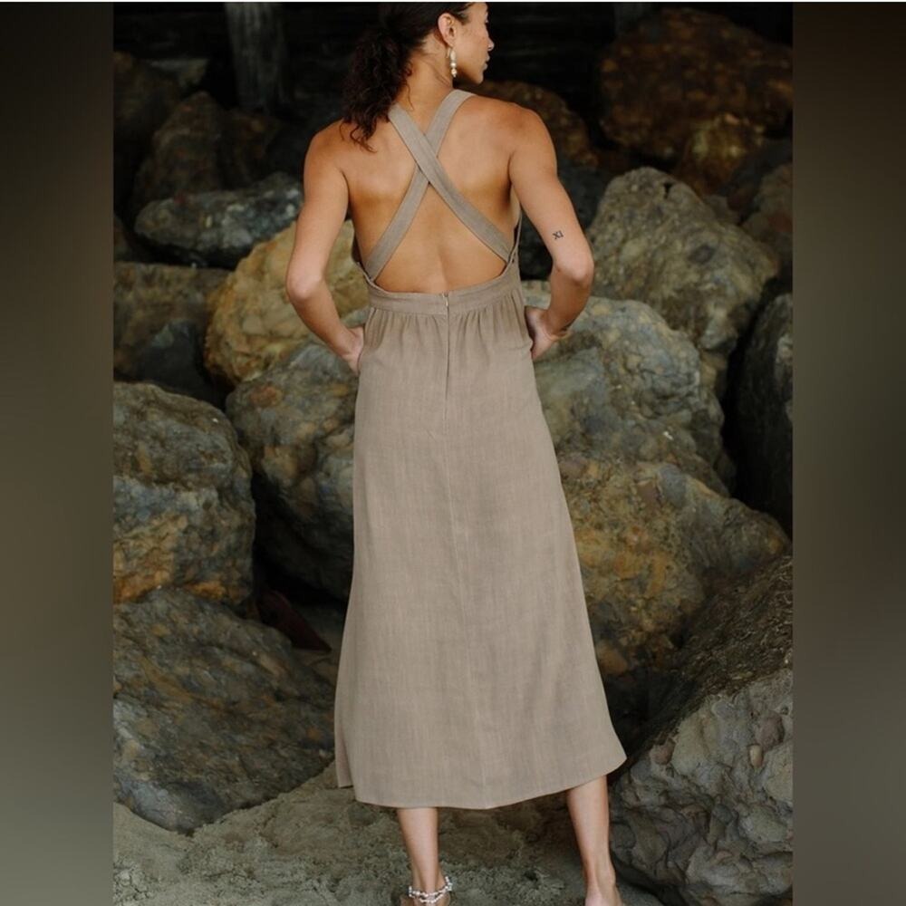 Rachel Pally Linen Blend Lian Criss Cross Midi Hazelnut Tan Dress XS